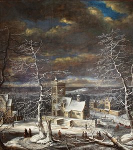 氷上の人物がいる広大な風景の中の冬の村（油彩・キャンバス 作： Gerard van Edema