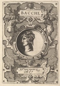 ストラップワークに囲まれたバッカスの胸像、シリーズ「Deorum dealumque」から、画像のセット、1573 年 作： Gerard van Groeningen