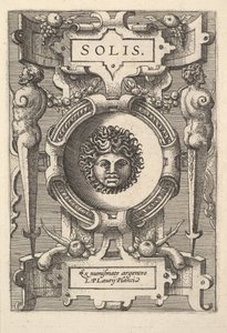 ストラップワークに囲まれたソルの胸像、一連の画像「Deorum dealumque」から、1573 年 作： Gerard van Groeningen
