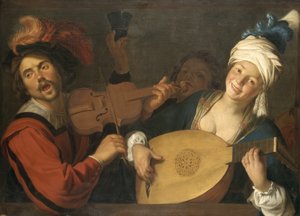 フランス語：  コンサート欄干の向こうで音楽を奏でるカップル