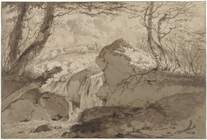 木々の間に滝があり、羊飼いが群れに餌をやる山の風景 作： Gerard van Nijmegen