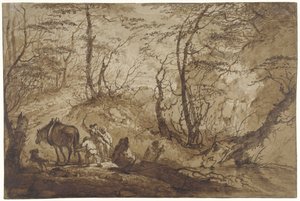 森の小道で、4 人の男性に率いられて馬が水たまりから木を引き抜きます。 作： Gerard van Nijmegen
