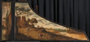 ハープシコードの蓋 チェンバロの蓋に丘陵風景と旅人を描く 作： Jan van de Velde（II）（拒否された帰属）