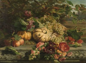 花と果物のある静物 作： Gerardina Jacoba van de Sande Bakhuyzen