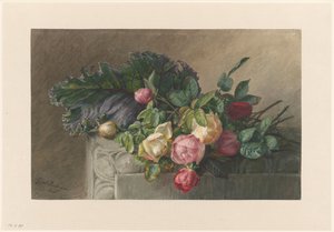 バラとキャベツの葉のある静物 作： Gerardina Jacoba van de Sande Bakhuyzen