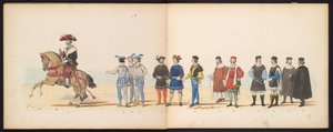ライデン学生のマスカレード、1855年（プレート11） 1855 年 6 月 12 日にライデン学生団のメンバーが開催した衣装を着た行進で、ライツェ ホーゲ学校の 280 周年を祝って、カレル 5 世ビンの入場を描いた 作： Gerardus Johannes Bos