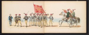 ライデン学生のマスカレード、1855年（プレート12） 1855 年 6 月 12 日にライデン学生団のメンバーが開催した衣装を着た行進で、ライツェ ホーゲ学校の 280 周年を祝って、カレル 5 世ビンの入場を描いた 作： Gerardus Johannes Bos
