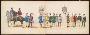 ライデン学生のマスカレード、1855年（プレート13） 1855 年 6 月 12 日にライデン学生団のメンバーが開催した衣装を着た行進で、ライツェ ホーゲ学校の 280 周年を記念して、カレル 5 世ビンの入場を描いた 作： Gerardus Johannes Bos