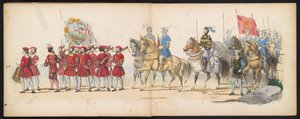 ライデン学生のマスカレード、1855年（プレート14） 1855 年 6 月 12 日にライデン学生団のメンバーが開催した衣装を着た行進で、ライツェ ホーゲ学校の 280 周年を祝って、カレル 5 世ビンの入場を描いた 作： Gerardus Johannes Bos