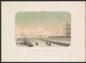 1855 年、ロッテルダムのマース川での馬橇競技 ウィレムスケード沿いの馬とそりによる馬具レースの眺め (オブジェクトのタイトル) 1855 年 2 月のロッテルダムのマース川でのアイス エンターテイメント、キャプション付き (オブジェクトのシリーズ タイトル)
