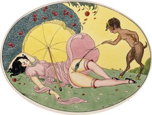 サテュロスと少女、1917年頃（楕円形のカードに黒インクと水彩、額装）