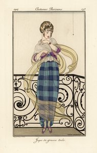 大きなトワルのスカートをはいた女性が、クモを怖がっている様子。 作： Gerda Marie Frederike Wegener