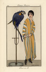 ペットのオウムと一緒にいるストライプのナイトガウンを着た女性 作： Gerda Marie Frederike Wegener