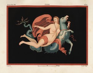半分が馬で半分が魚の海の怪物または海馬に乗る、マントと腕輪をつけたネレイド（海の精）。ナズ美術館。XXII、スタビアエ。Emile Presuhn (1844-1878) The Most Beautiful Paintings of Pompeiiより、Victor Steegerが描画、クロモリトグラフ、 作： Geremia Discanno