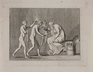 3 人の若者とアンティークの衣装を着た老人のアレゴリー。 作： Gerhard Ludvig Lahde