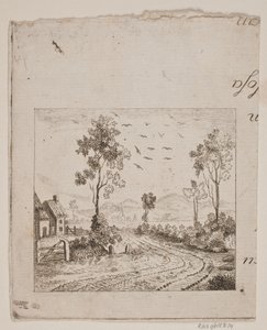 木と飛ぶ鳥のある道路沿いの家のある風景 作： Gerhard Ludvig Lahde