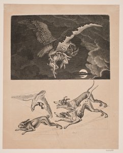 下のノウサギと一緒に飛んでいるフクロウのパネル。 犬、ノウサギ、ハンティング ファルコン 作： Gerhard Ludvig Lahde