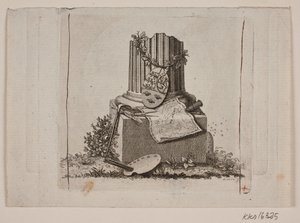 壊れた柱と北欧の 3 つの王国の腕のビネット 作： Gerhard Ludvig Lahde