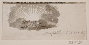 太陽の前の雲の中に北欧の 3 つの王国の腕があるビネット 作： Gerhard Ludvig Lahde
