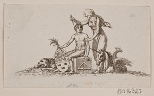 女性とのビネット、座っている若い男性とユニコーン 作： Gerhard Ludvig Lahde
