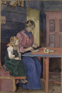 真珠に糸を通すことを学ぶハリングダルの少女 作： Gerhard Peter Frantz Vilhelm Munthe