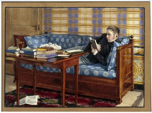 詩人ヴァシーリー・ズーコフスキー (1783-1852) の肖像画。 （詩人ヴァシリー・ジュコフスキーの肖像）。 彼はソファに横になり、目の前のテーブルに積み上げられた本を読んでいます。 ゲルハルト・ヴィルヘルム・フォン・ロイテルン (1794-1865) の作品、紙に鉛筆、水彩 作： Gerhard Wilhelm von Reutern