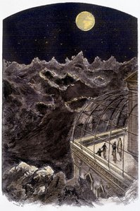 地球を観察する月面の人々-ジェリエの絵、「Un monde inconnu:2 ans sur la lune」（ピエール・ド・セレーヌ著）。フラマリオン 作： Gerlier Gerlier