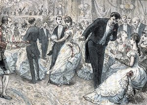 Sociedade e vida social: a bola por volta de 1880 (Alta sociedade e vida social: a bola) gravura de “” As necessidades da vida ”” de Rengade