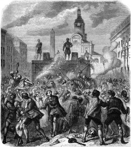1520年11月8日、デンマーク王クリスチャン2世の命令によるスウェーデン国民のレジスタンス指導者の虐殺、ストックホルムの流血事件：軍隊は処刑を見させられた住民の怒りを鎮めようとする。ゲリエの版画 作： Gerlier Gerlier