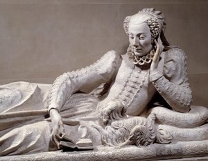 葬儀用モニュメント。フランス首相レネ・ド・ビラーグ枢機卿（1506-1583）の妻、ジャンヌ・ヴァランティーヌ・バルビアニ（1518-1572）の肖像画のある墓。詳細。大理石彫刻、ジェルマン・ピロン（1535-1590）作、1573年頃。パリ、ルーヴル美術館（Musee Du Louvre 作： Germain Pilon