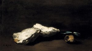 テーブルの上には牡蠣、ムール貝2個、カタツムリ1個 作： Germain Ribot