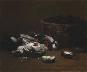 死んだ鳥とカキのバスケットのある静物c。 1860-1880。 作： Germain Ribot