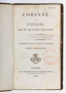 Corinne ou lItalie、第3改訂および拡大版、第3巻、Imprimerie des Freres Mame、パリ、1808年のタイトルページ（印刷用紙） 作： Germaine de Stael