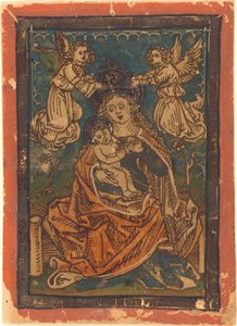 天使と一緒に草が茂った土手に座るマドンナと子供 作： German 15th Century