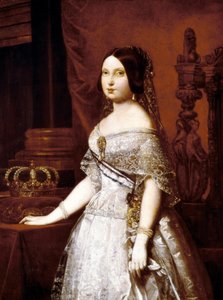 スペインの女王、スペインのイザベラ 2 世 (1830-1904)、スペインの女王の肖像画。 ドイツのヘルナンデス アモーレス (1823-1894) による絵画 作： German Hernandez Amores
