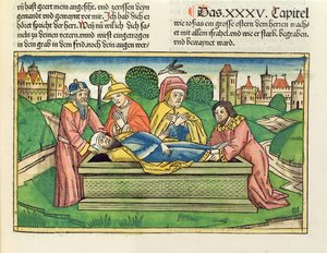 2歴代誌35 24ニュルンベルク聖書からのジョサイアの埋葬（Biblia Sacra Germanaica）（色の木版画）