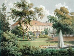 1852-63年頃に出版された「Die Landlichen Wohnsitze, Schlosser und Residenzen de Ritterschaftlichen Grundbesitzer in der Preussichen Monarchie」より、ドイツの庭園（カラーリトグラフ）。