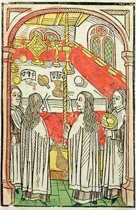 1415年にコンスタンツ評議会でギリシャ正教のミサ、Ulrich Richental（1378-1437）1483（着色された木版画）によってコンスタンツ評議会のクロニクルからのイラスト 作： German School