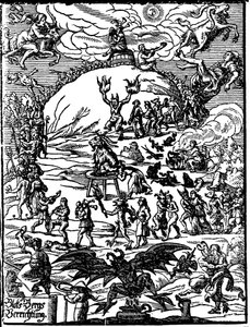 安息日の儀式で、悪魔を表すヤギが中央にいて、魔女や悪魔に囲まれています。16世紀のドイツの彫版