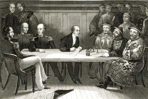 1841年7月4日、HMS Wellesleyに乗船する中山での、コモドールブレマー氏と中国当局者のChang氏との会議