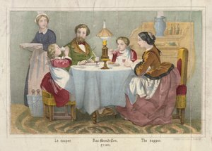 夕食時の家族、ハイダー＆クロンバーガー発行の絵入り大判、シュトゥットガルト、1860 作： German School