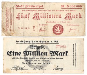 500万枚と100万枚の紙幣、1923年 作： German School