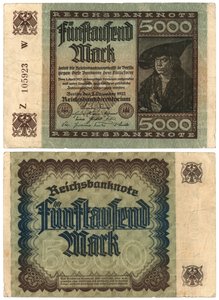 5千マルク紙幣、1922年（直角および逆） 作： German School