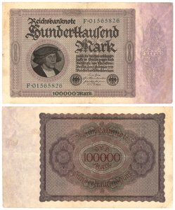 10万マルク紙幣、1923年（rectoおよびverso） 作： German School