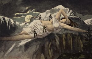 月が見ている間に登山家が登っている山腹の裸の女性（コラージュ）