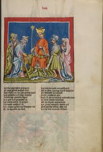 アロンが棒を蛇に変える《Weltchronik Ms.33, fol.73, 1400-10年頃》（羊皮紙にテンペラ、金・銀彩、インク 作： German School