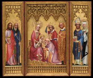 マギ、聖セウェルス、聖ウォルブルガ、聖ジェームス、聖フィリップの礼拝、1410年頃（オーク材のパネルに油と金メッキ） 作： German School