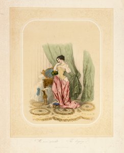F.サラ＆Co、ベルリン、c.1850によって印刷された彼女の化粧台でエレガントな女性 作： German School