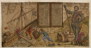 フランシス・ドレイクの対スペイン作戦を祝う絵入りブロードサイド、「Hier steh ich Drach in Engelandt」の挿絵（紙にペン・インク、水彩画） 作： German School
