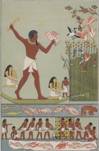 古代エジプト人が釣りや鳥猟をしている様子（カラーリトグラフ 作： German School